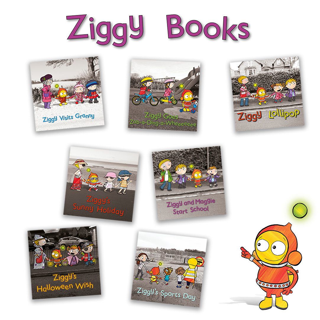 Ziggy points to pictures of seven books
